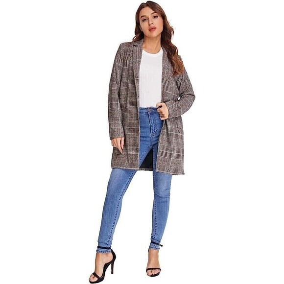 SheIn Brown Plaid Jacket Mid Length Blazer Small - Picture 4 of 10
